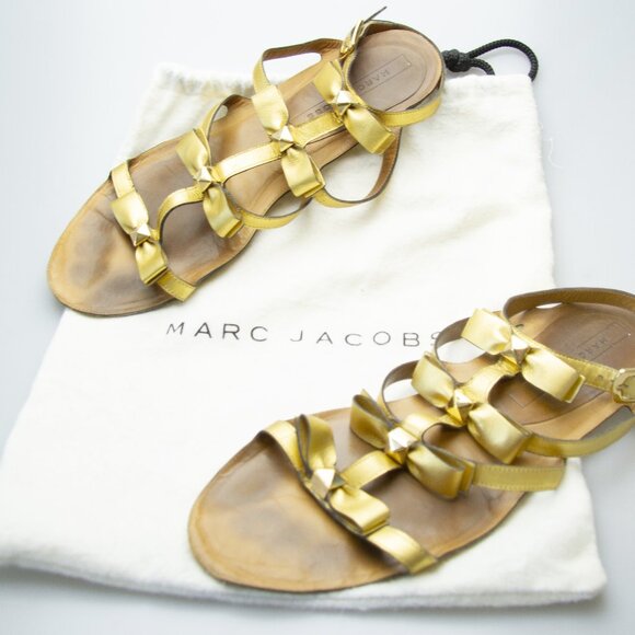 Marc Jacobs Gold Bow Studs Leather Buckle Flats Gladiator Wedding Sandals 39 8.5 - Picture 6 of 12
